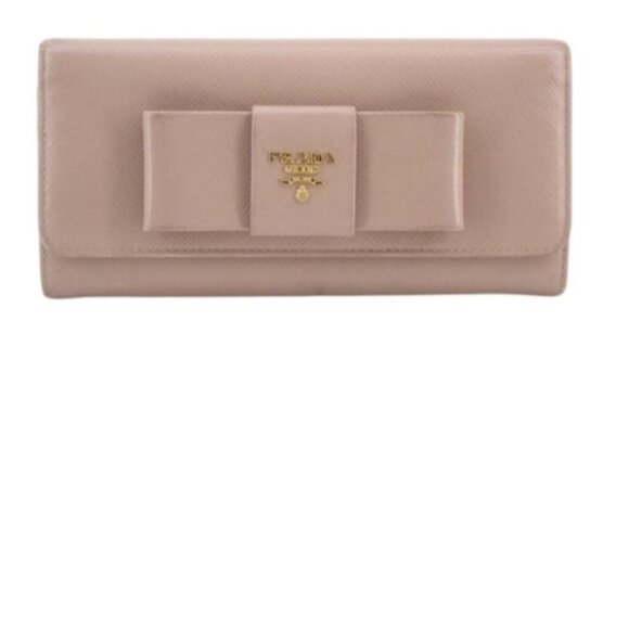 Prada Handbags - Prada Saffiano Cuir Leather Pinkish Beige Continental Wallet Bow Accent VGUC